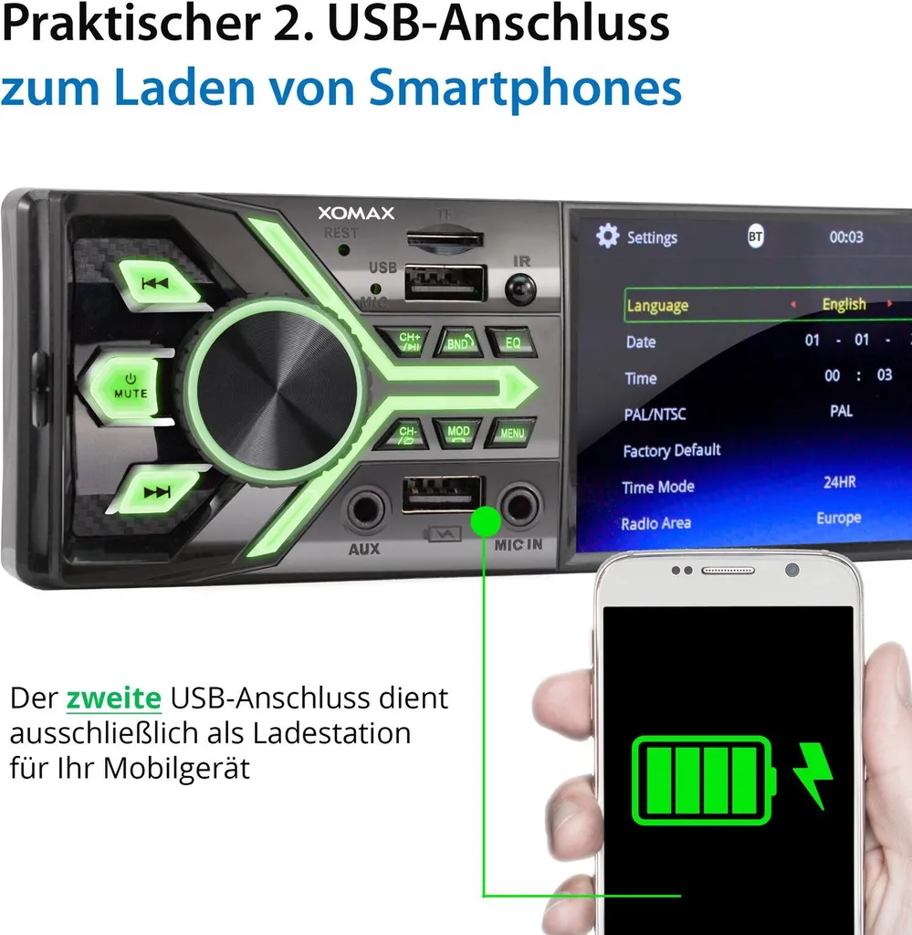 XOMAX XM-V426 Autoradio Mit 4 Zoll Touchscreen Bildschirm, Bluetooth, 2x USB, SD, AUX IN, 1 DIN 8 XOMAX XM-V426 Autoradio Mit 4 Zoll Touchscreen Bildschirm, Bluetooth, 2x USB, SD, AUX IN, 1 DIN - Image 8