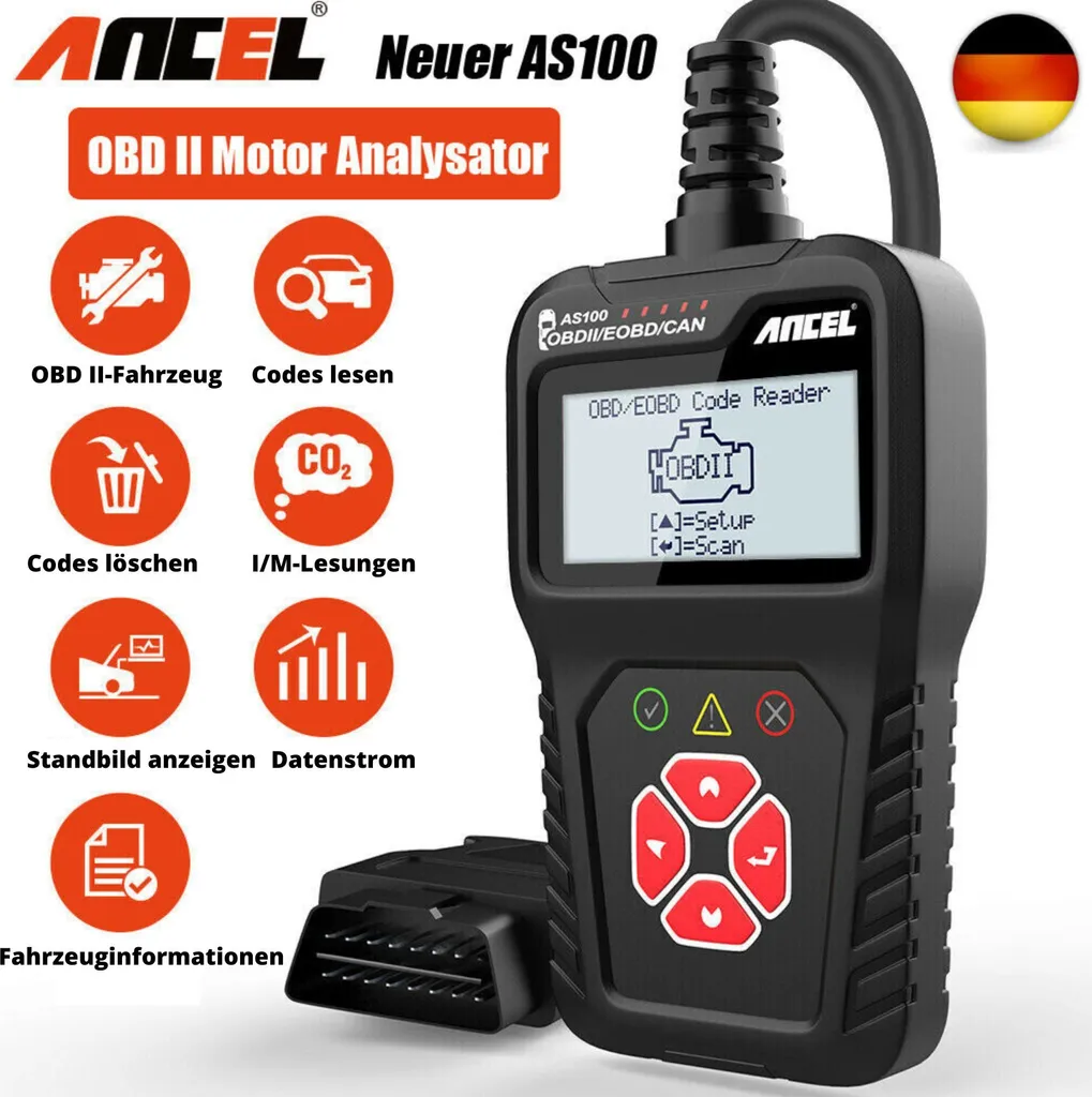 OBD2 ANCEL AS 100 - Diagnosegerät Für VW BMW Audi Mercedes Etc., 8 Sprachen (inkl. Deutsch), Update Der Lesesoftware, OBD-Diagnosegerät Schnittstelle OBD2-Verlängerungskabel 1 OBD2 ANCEL AS 100 - Diagnosegerät Für VW BMW Audi Mercedes Etc., 8 Sprachen (inkl. Deutsch), Update Der Lesesoftware, OBD-Diagnosegerät Schnittstelle OBD2-Verlängerungskabel